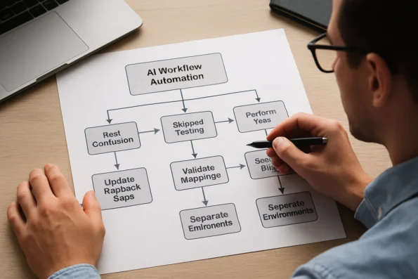 Flowchart of common AI workflow automation integration mistakes and their step-specific resolutions.