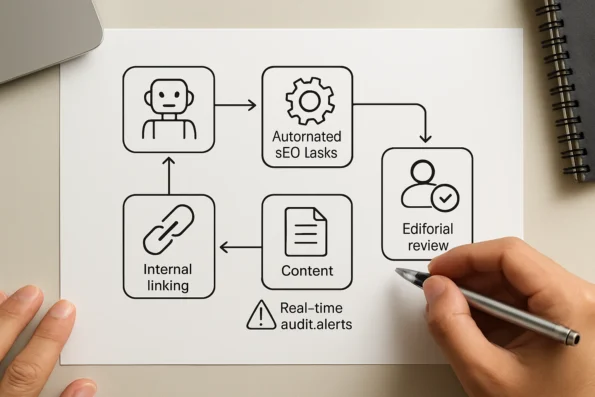 Illustration of an AI-driven SEO publishing pipeline with automation stages, editorial checkpoints, and audit alerts before publishing.
