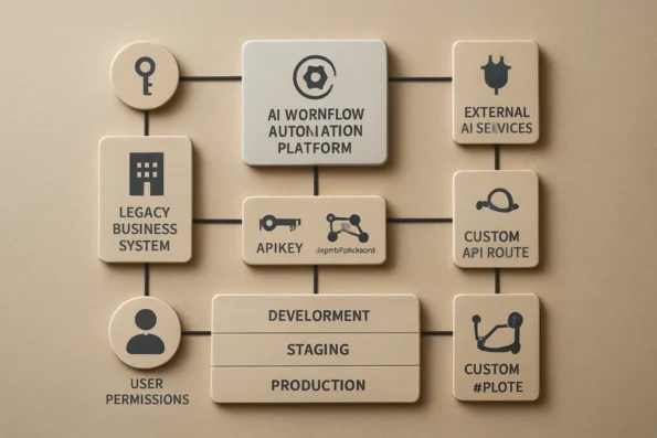 Infographic depicting integration flows between legacy systems, AI workflow automation platforms, and external AI services, illustrating licence key validation, API key usage, data mapping, user permissions, and environment separation.