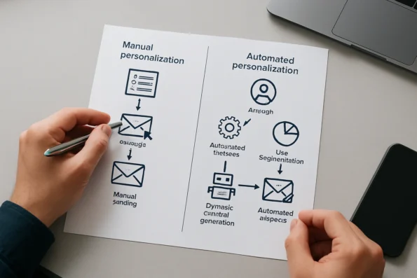 Side-by-side workflow diagrams contrasting manual and AI-automated outreach personalization, highlighting triggers, segmentation, dynamic content, and oversight differences.