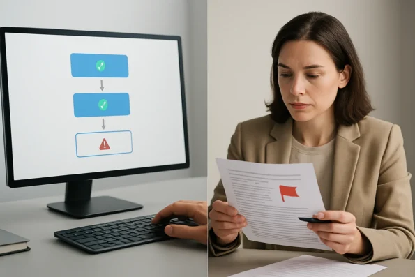 Split-screen illustration of automated content workflow tasks and a human editor overseeing quality control.