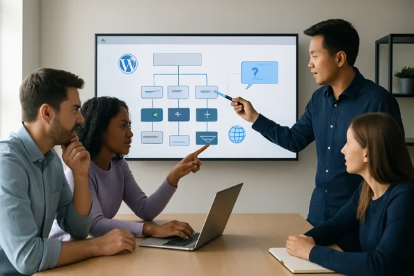 Support team refining a WordPress knowledge base with content selection, exclusions, question mapping, and multilingual support using NextlerAI Assistant.