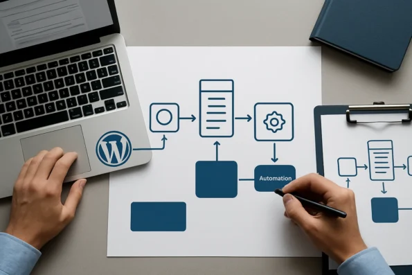 Technical diagram of WordPress content inventory flowing through NextlerAI Publisher's pipeline with stages for provider integration, editorial review, and automation boundaries.