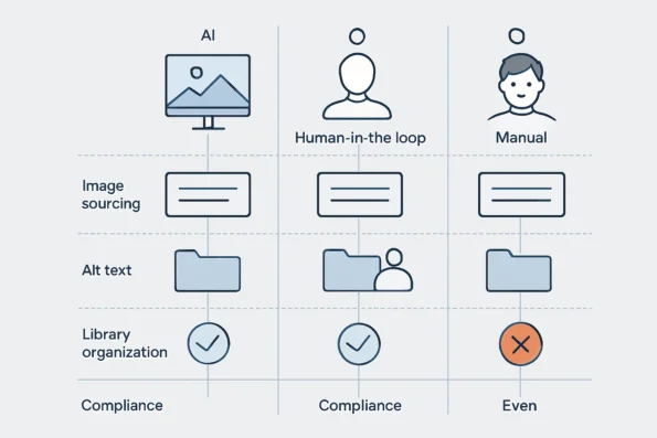 Visual comparison of AI-driven, human-in-the-loop, and manual media management workflows showing stages for image sourcing, alt text, library organization, and compliance checks with editorial oversight indicated.