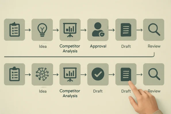 Visual comparison of manual versus AI-automated content research workflows, with sequential phases, responsibility icons for editors and AI, and marked handoffs and review checkpoints.