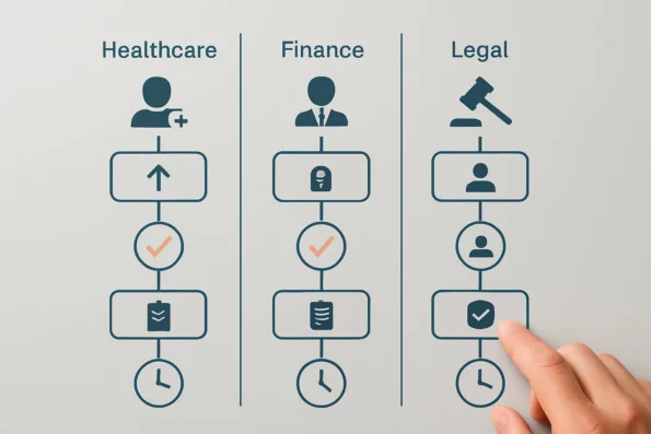 Visual diagram comparing compliance-centric workflows for healthcare, finance, and legal sectors, highlighting approval stages, human review checkpoints, audit logging, and WordPress-native scheduling in NextlerAI implementations.