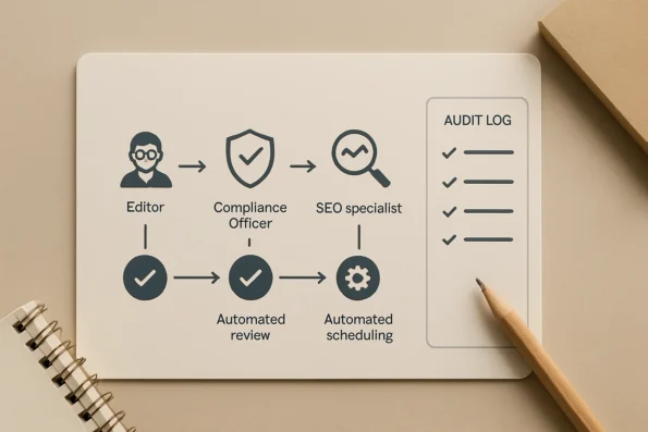 Visual diagram showing sequential editorial workflow stages and audit log checkpoints in an automated approval process.