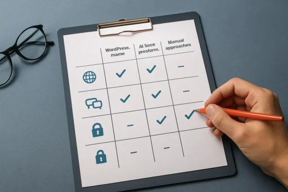 Visual matrix comparing knowledge base optimization criteria for WordPress-native tools, AI SaaS platforms, and manual curation, focusing on source control, multilingual indexing, and security.