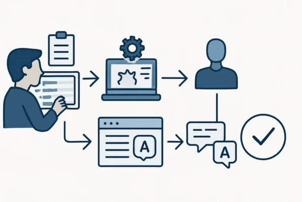 Visual sequence of five key steps in an automated AI content research pipeline: inventory mapping, AI configuration, editorial review, research integration, and quality monitoring.