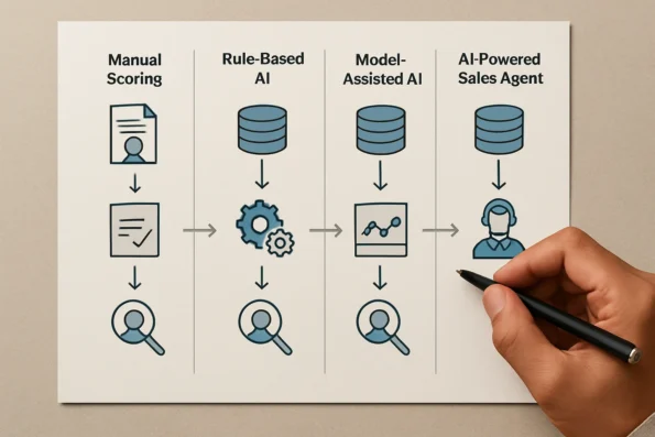 Visual table comparing manual, rule-based AI, model-assisted AI, and AI-powered sales agent lead qualification workflows, showing key data inputs, configuration steps, and oversight points.