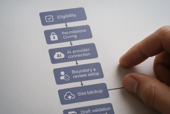 Visual workflow of decision steps for configuring editorial calendar automation in WordPress with NextlerAI Publisher.