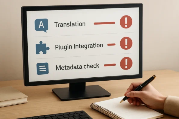 Workflow dashboard visualizing failed steps in multilingual publishing automation, with error and status indicators.