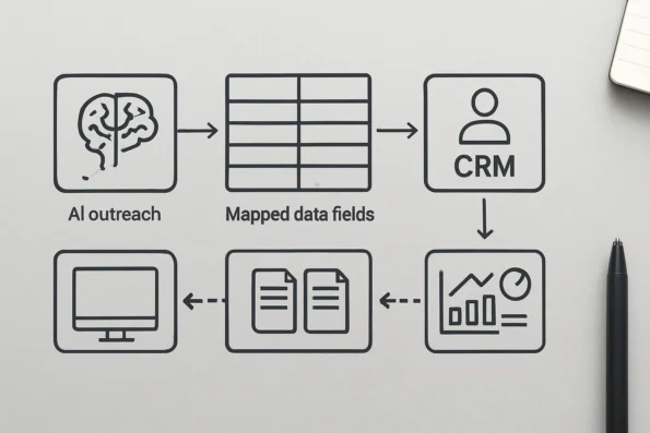 Workflow diagram illustrating AI outreach and CRM integration planning, with mapped data fields, test environment, documentation, and monitoring checkpoints.