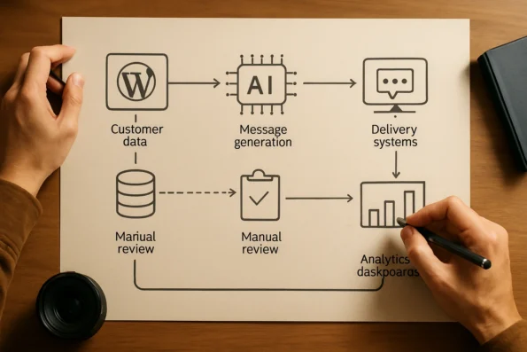 Workflow diagram illustrating stages and integration points of a custom AI outreach pipeline for WordPress and WooCommerce niche markets.