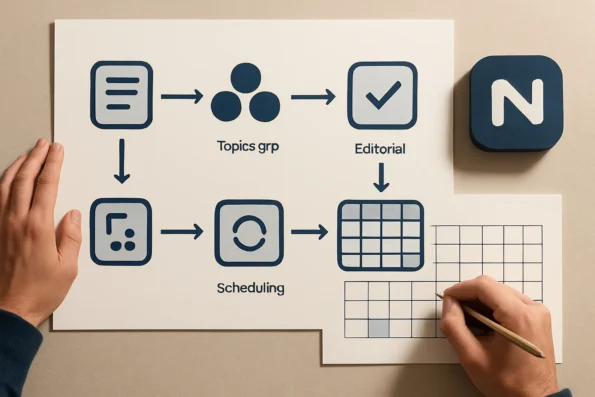 Workflow diagram of multi-topic content brief generation with NextlerAI Publisher, highlighting topic scoring, approval checkpoints, and scheduled publication slots.