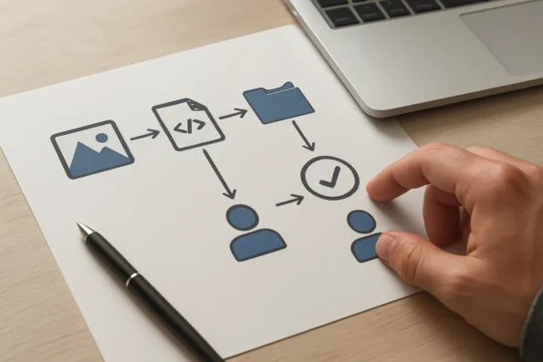 Workflow diagram showing AI-powered automation of image sourcing, alt text, media library organization, and compliance checks, highlighting both automated and human-reviewed steps.