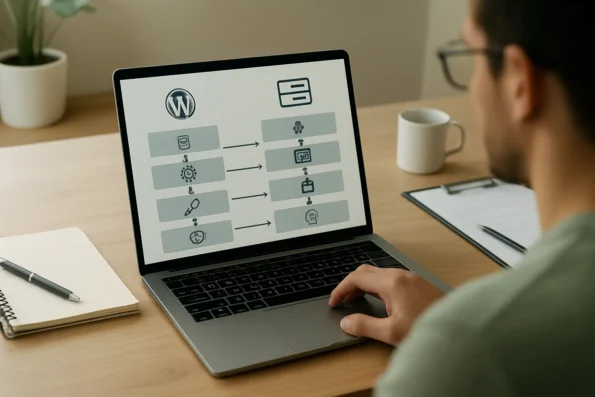 Workflow integration phases for AI automation tools, with parallel tracks for WordPress (NextlerAI) and enterprise platforms, emphasizing admin access, credentials, and backup safeguards.