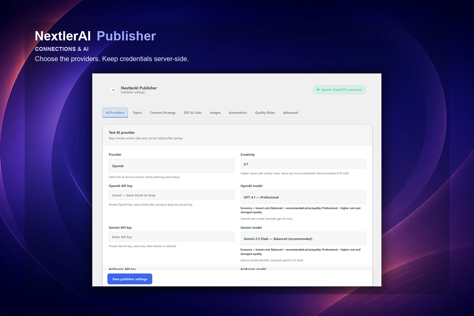 Publisher AI provider and server-side credential settings