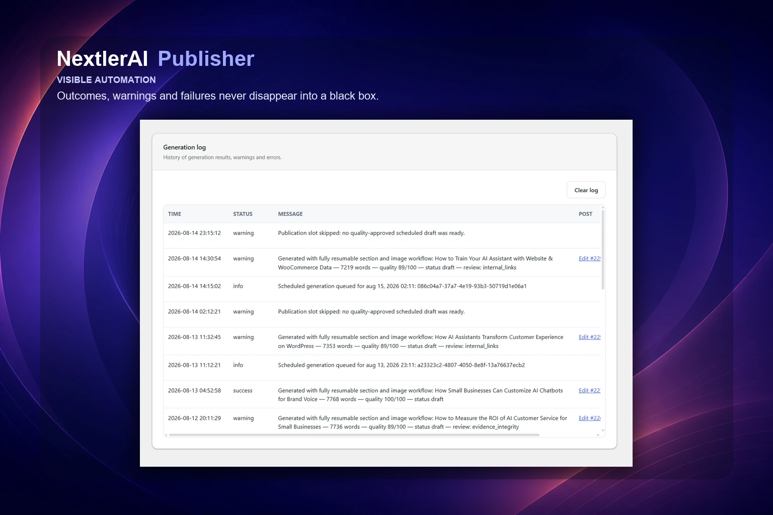 Publisher generation history showing checkpoints, warnings and recoverable issues