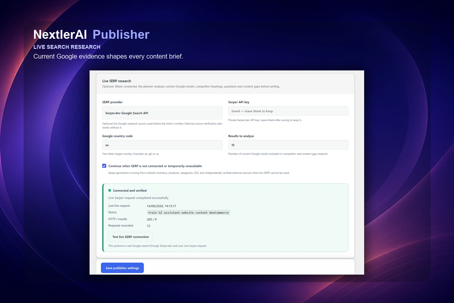 Publisher optional live Google SERP research connection