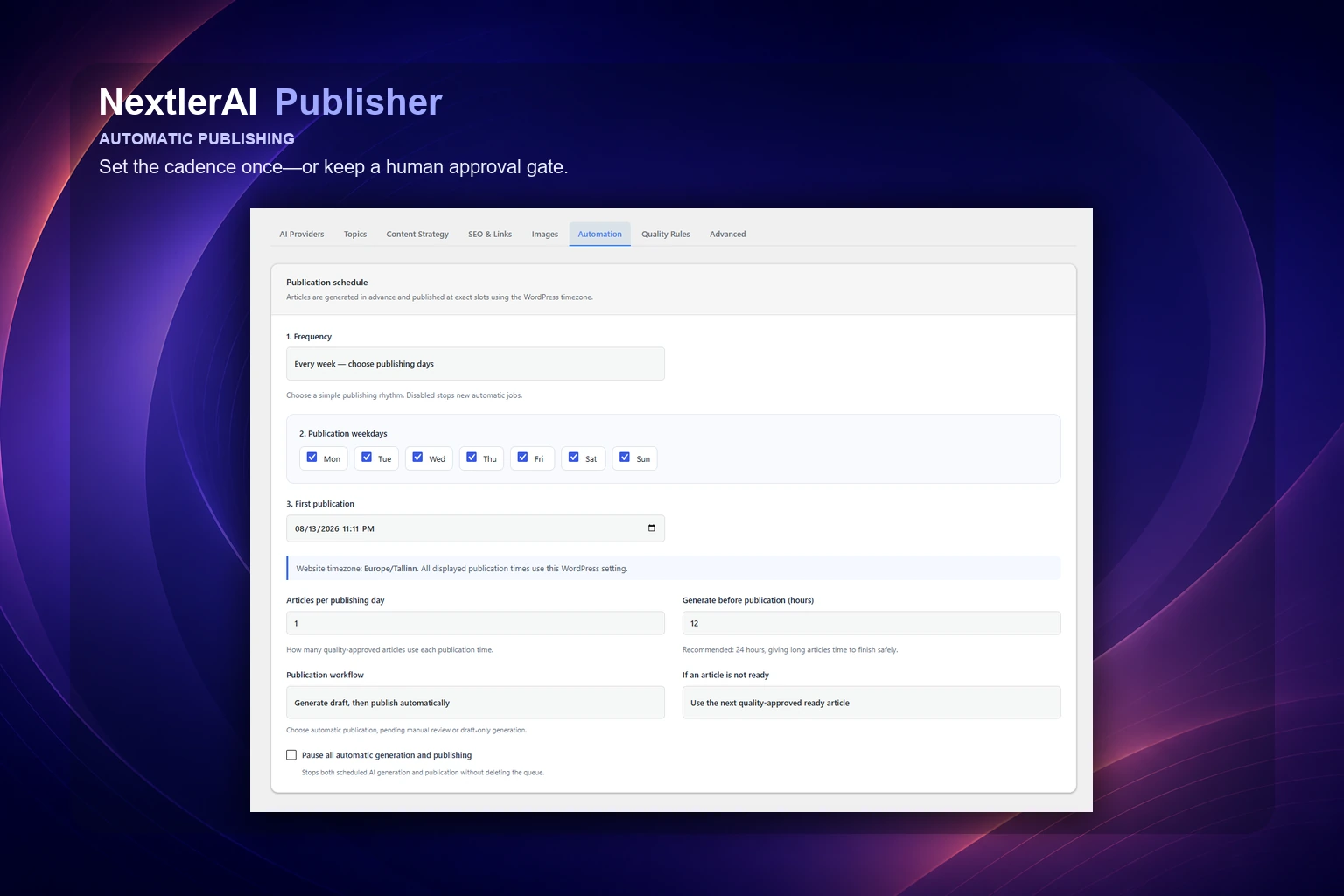 Publisher multiple-time automatic publication schedule and approval workflow