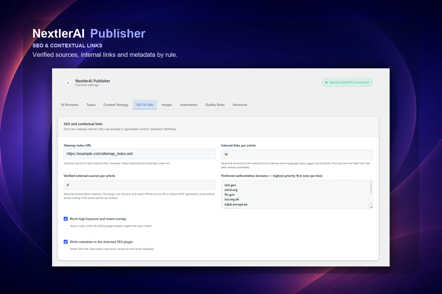 Publisher content, SEO metadata, internal links and source rules