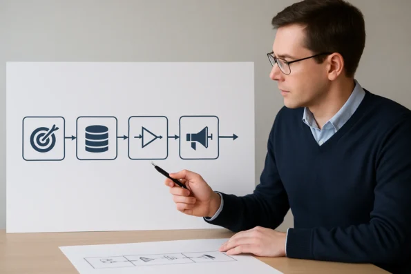 A step-by-step AI audience targeting workflow diagram with icons representing objectives, data sources, segmentation logic, outreach channels, and CRM integration.