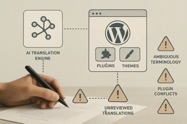 Conceptual diagram illustrating AI localization risks: context loss, plugin conflicts, unprotected terms, review controls, and compliance boundaries in a WordPress environment.