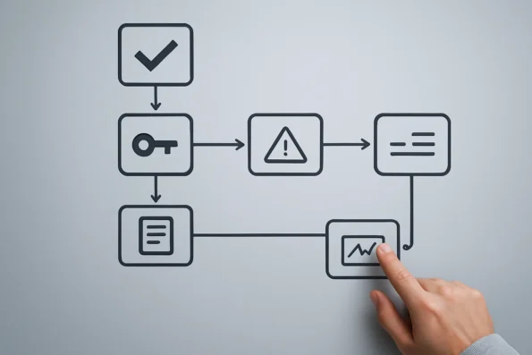 Diagnostic workflow diagram illustrating sequential troubleshooting steps for NextlerAI automation in WordPress, including entitlement, credentials, logs, issue isolation, and analytics review.