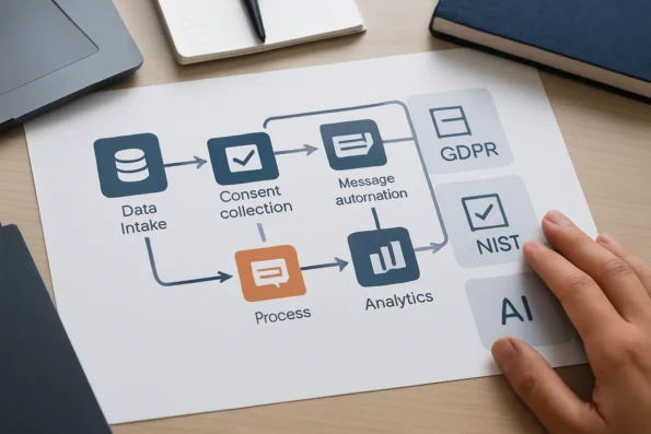 Diagram illustrating AI outreach workflow with compliance checkpoints and privacy controls for WordPress plugins.