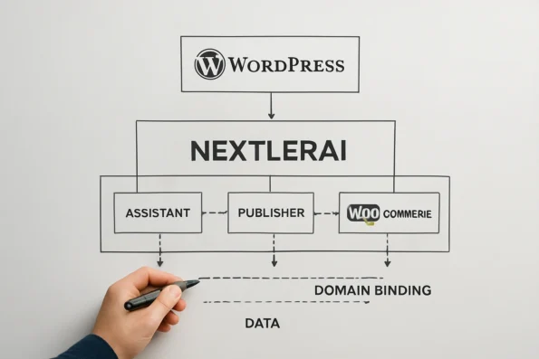 Diagram illustrating distinct integration boundaries for NextlerAI Assistant, Publisher, and Translator within WordPress and WooCommerce.