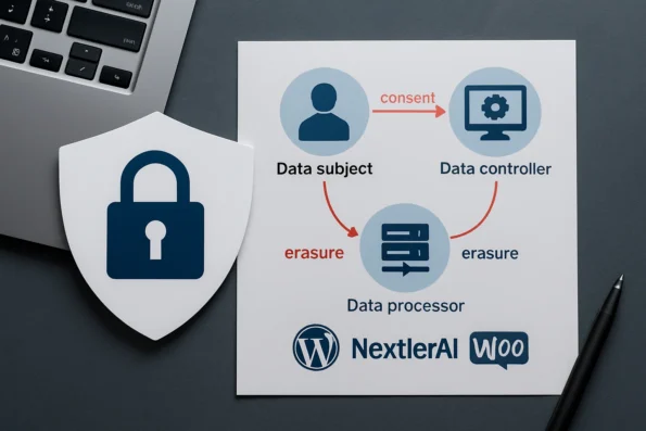 Diagram illustrating GDPR roles—data subject, controller, processor—and data flow in a WordPress setup with NextlerAI plugins.