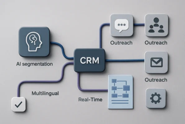 Diagram illustrating integration of AI segmentation tools with CRM and outreach channels, featuring multilingual and real-time data sync, pilot testing, and documentation checkpoints.