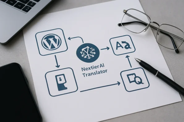Diagram illustrating plugin compatibility and integration steps for NextlerAI Translator with WordPress and multilingual plugins.
