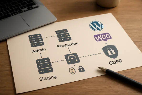 Diagram illustrating separated admin, staging, and production environments with privacy, access controls, and GDPR compliance icons for NextlerAI WordPress WooCommerce integration.