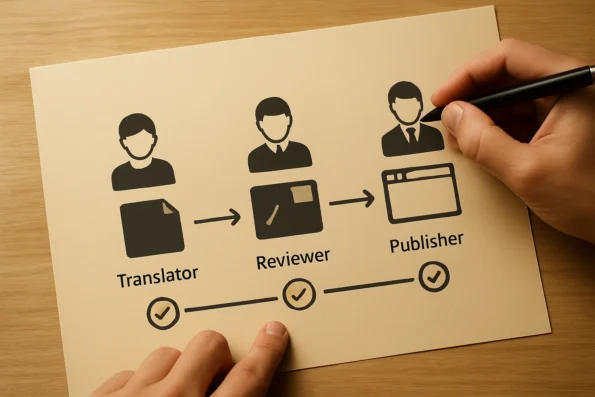 Diagram of a multi-language editorial workflow in WordPress showing translation, review, and publishing roles with segmented access and checkpoints.