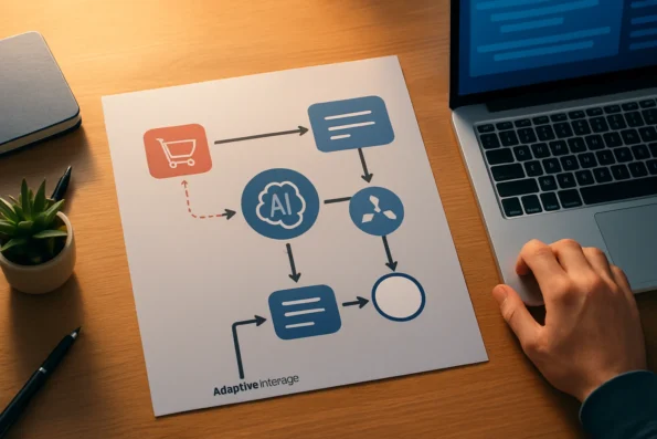 Diagram of a WooCommerce lead moving through AI-driven automated follow-up sequence steps, with triggers, personalized messaging, and workflow adaptation.