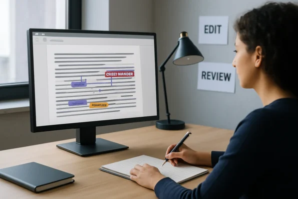 Diagram of a WordPress article draft, with automated internal links highlighted and editorial review markers indicating detected over-linking and cannibalization issues.
