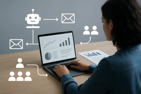 Diagram of an AI-powered outreach A/B test workflow: two message variants, automated group allocation, tracked engagement metrics, and human review of outcome data.