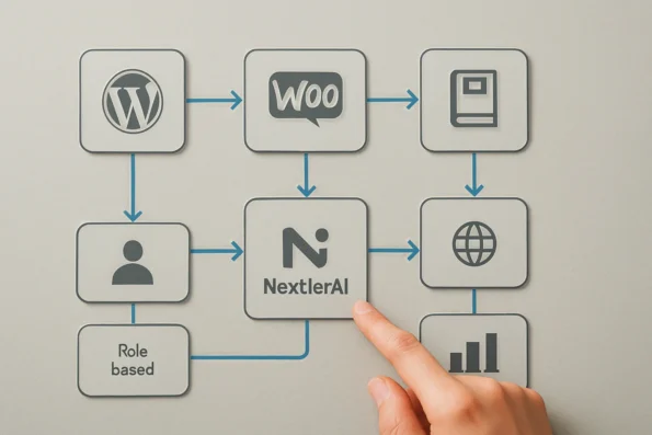 Diagram of automated workflow architecture connecting WordPress, WooCommerce, NextlerAI, knowledge base, and analytics with role-based and multilingual pathways.