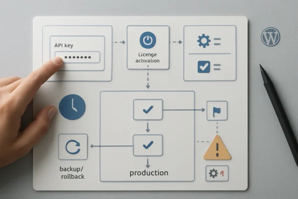 Diagram of NextlerAI workflow automation rollout in WordPress, showing licence setup, API keys, environment staging, workflow approvals, monitoring logs, and key integration pitfalls.