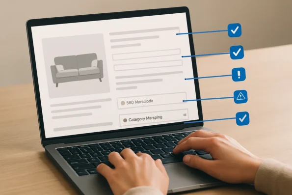 Diagram showing automation template fields for WooCommerce product content, highlighting required SEO and accessibility elements.