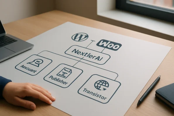 Diagram showing the operational boundaries of NextlerAI Assistant (chat and commerce), Publisher (content creation), and Translator (multilingual localization) within a WordPress and WooCommerce environment.