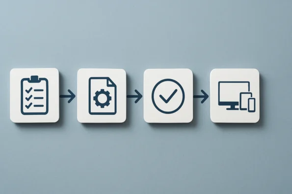 Flowchart illustrating the five decision steps for reliable automation and compliance using NextlerAI Publisher in a WooCommerce store, including audit, template setup, approval workflow, quality monitoring, and pre-launch device testing.