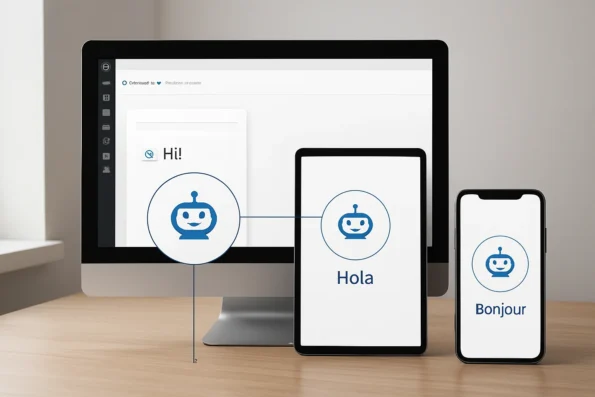 NextlerAI Assistant chat widget displaying branded greetings and logos across desktop, tablet, and mobile devices, with visual callouts for QA validation.