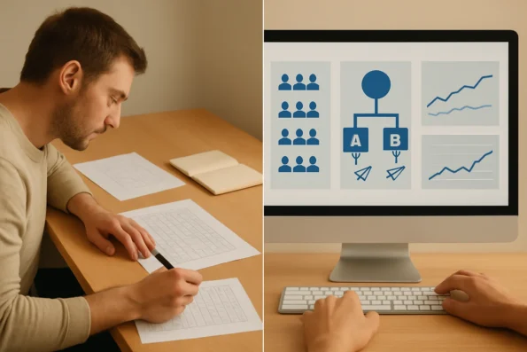 Side-by-side illustration of manual versus AI-automated outreach A/B testing workflows, highlighting human-driven steps versus software-driven automation and reporting.