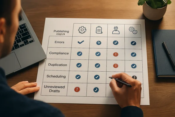 Visual matrix mapping AI publishing risks to NextlerAI Publisher quality assurance controls, showing automation and manual review distinctions for editorial and marketing teams.