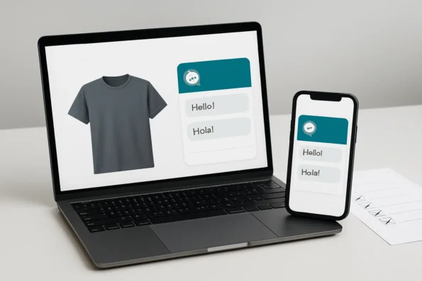 WooCommerce shop interfaces on laptop and smartphone displaying NextlerAI Assistant chat widget customized with brand logo and colors in English and Spanish, with a QA checklist visible.