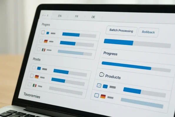 WordPress admin view showing NextlerAI Translator managing multilingual pages, products, and taxonomies with batch processing and rollback controls visible.