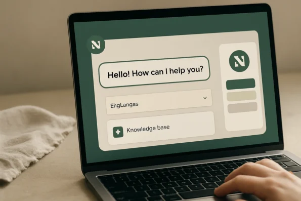 WordPress AI Assistant chat widget displaying custom greeting, brand colors, logo, language selection, and knowledge base for consistent branding.